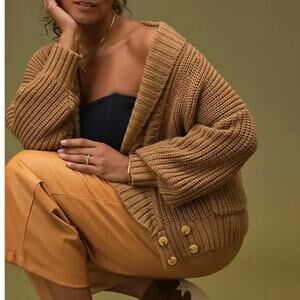 Anthropologie Chunky Knit Cardigan Sweater XS Shawl Collar Camel Tan Brown Honey